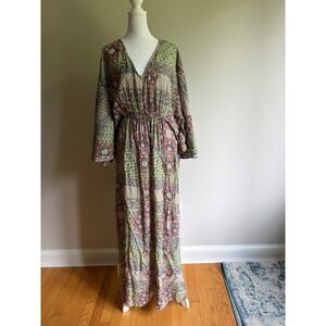 World Market Boho Paisley Floral Maxi Dress Green Pink Rayon Kimono Sleeve L/XL